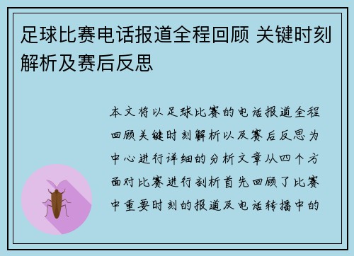 足球比赛电话报道全程回顾 关键时刻解析及赛后反思